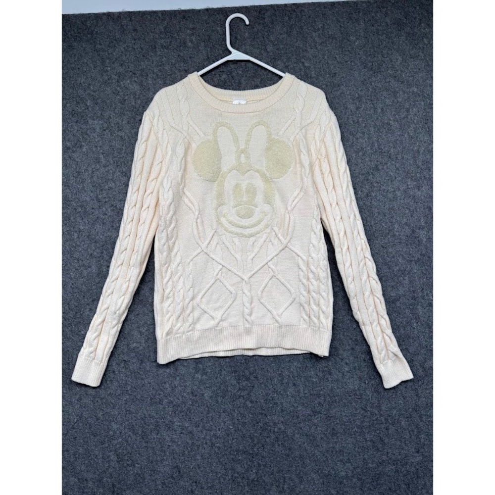 Disney Minnie Mouse Cable‎ Knit Sweater Ivory Cream Graphic Pullover Womens M